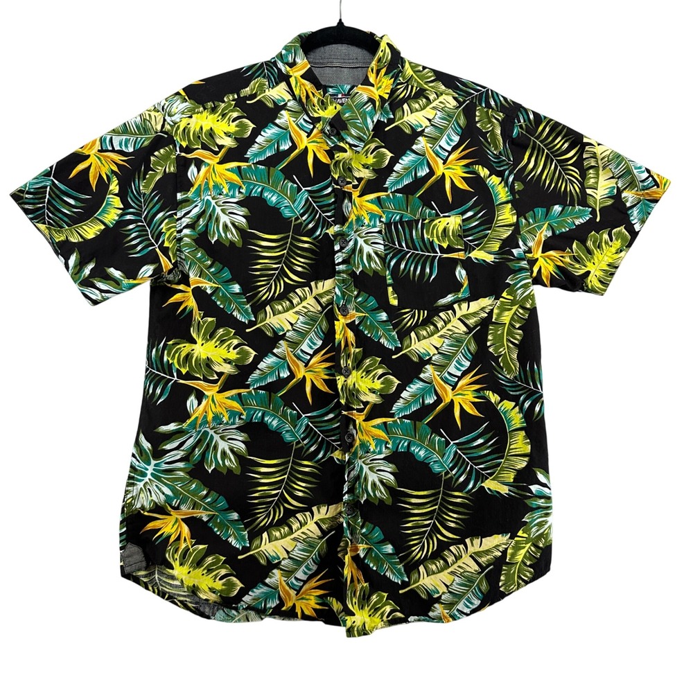 Eighth Avenue Tropical Hawaiian Shirt Palm Leaf‎ Bird Paradise Black Men's Large